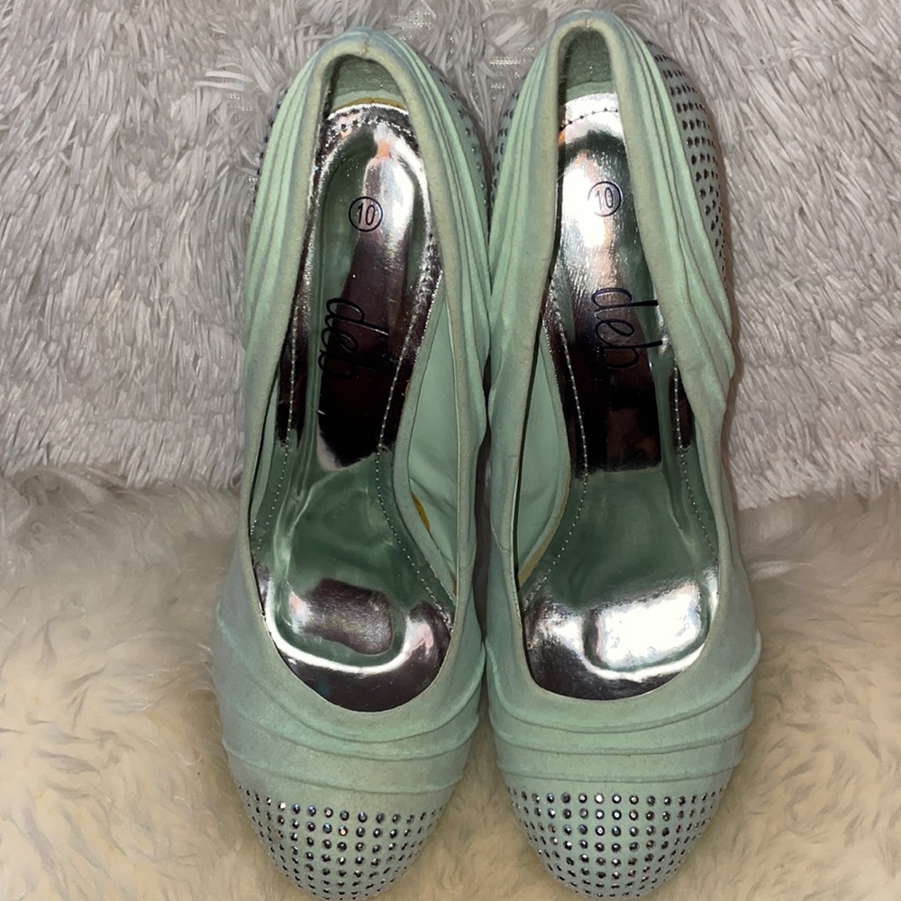 Mint green heels with rhinestones